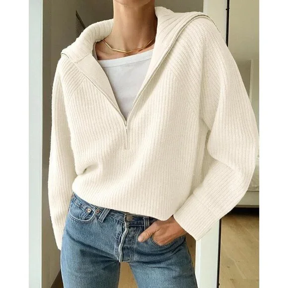 Women’s Casual Long Sleeve Half Zip Pullover Sweaters Solid V Neck Jumper Top - Picture 4 of 7
